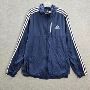 Adidas Men Jacket LT Blue Windbreaker Hooded Logo Pockets Full Zip READ
